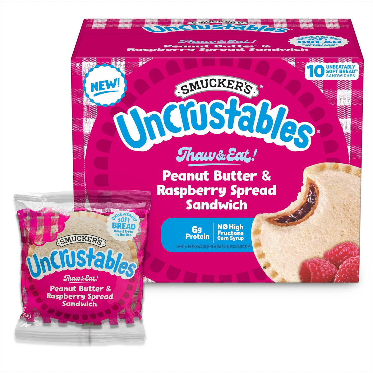 Smucker's Uncrustables Frozen Sandwich Variety Pack, Peanut Butter & Raspberry Spread and Whole Wheat Peanut Butter & Grape Jelly, 24 Count