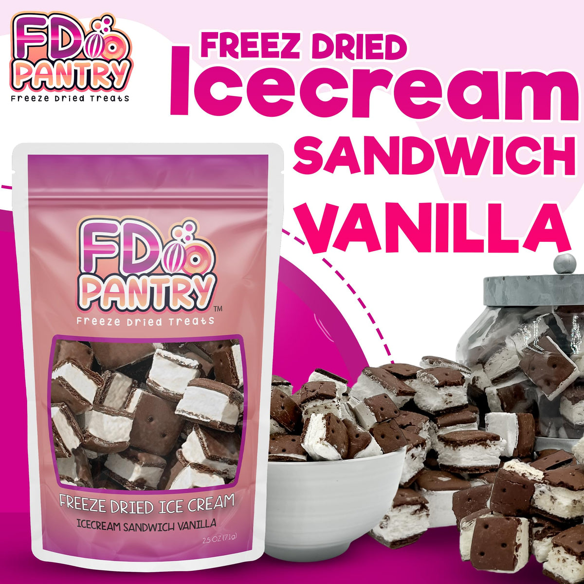 Freeze Dried Ice Cream Sandwich Bites - Vanilla - Crunchy & Sweet Snack 2.5oz Freeze-Dried Space Ice-Cream Pack Dehydrated Resealable Gift Bag - 6