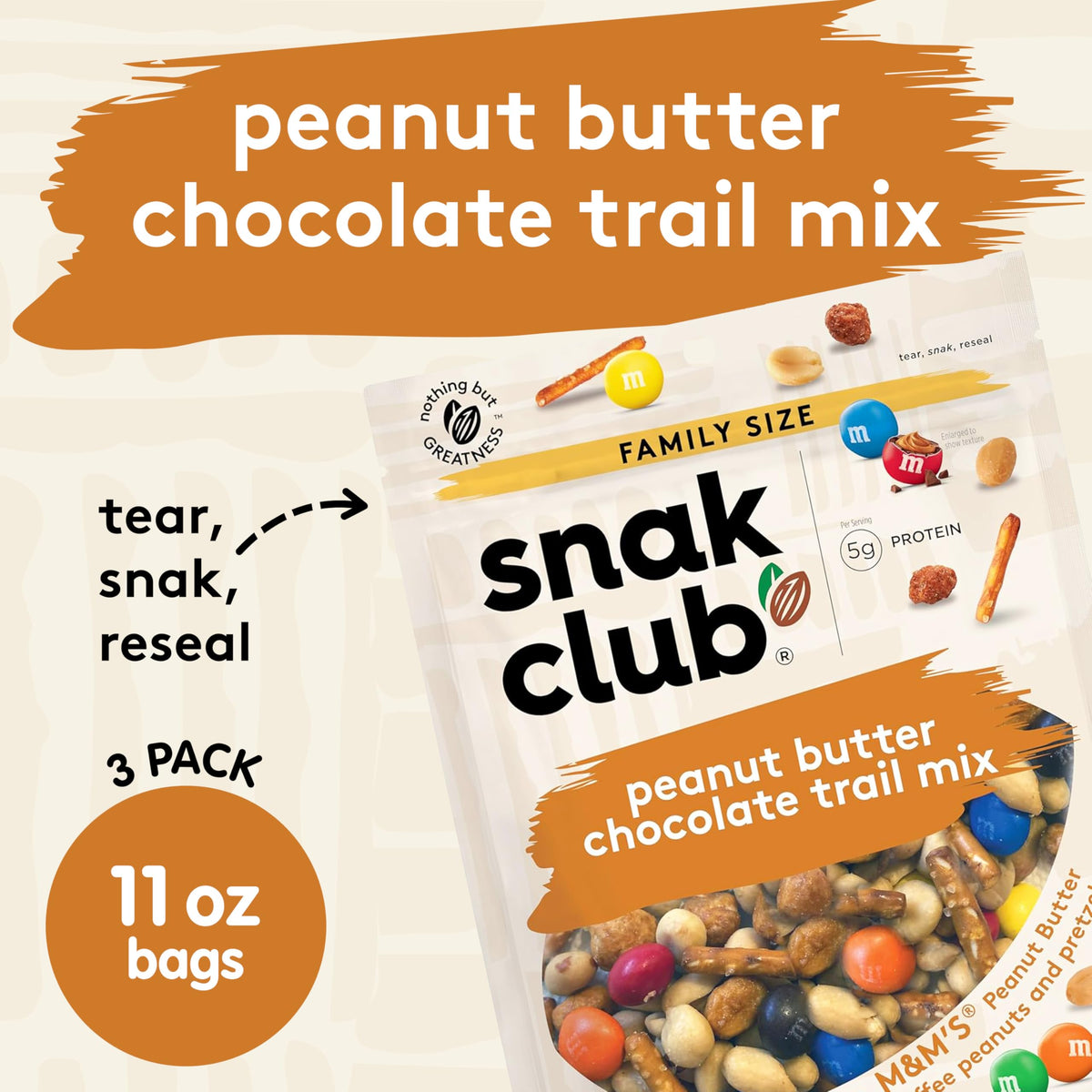 Snak Club Peanut Butter Chocolate Trail Mix with Peanuts, Peanut Butter M&M’S, Toffee Peanuts, and Pretzels, 11 oz Resealable Bags, 3 Pack