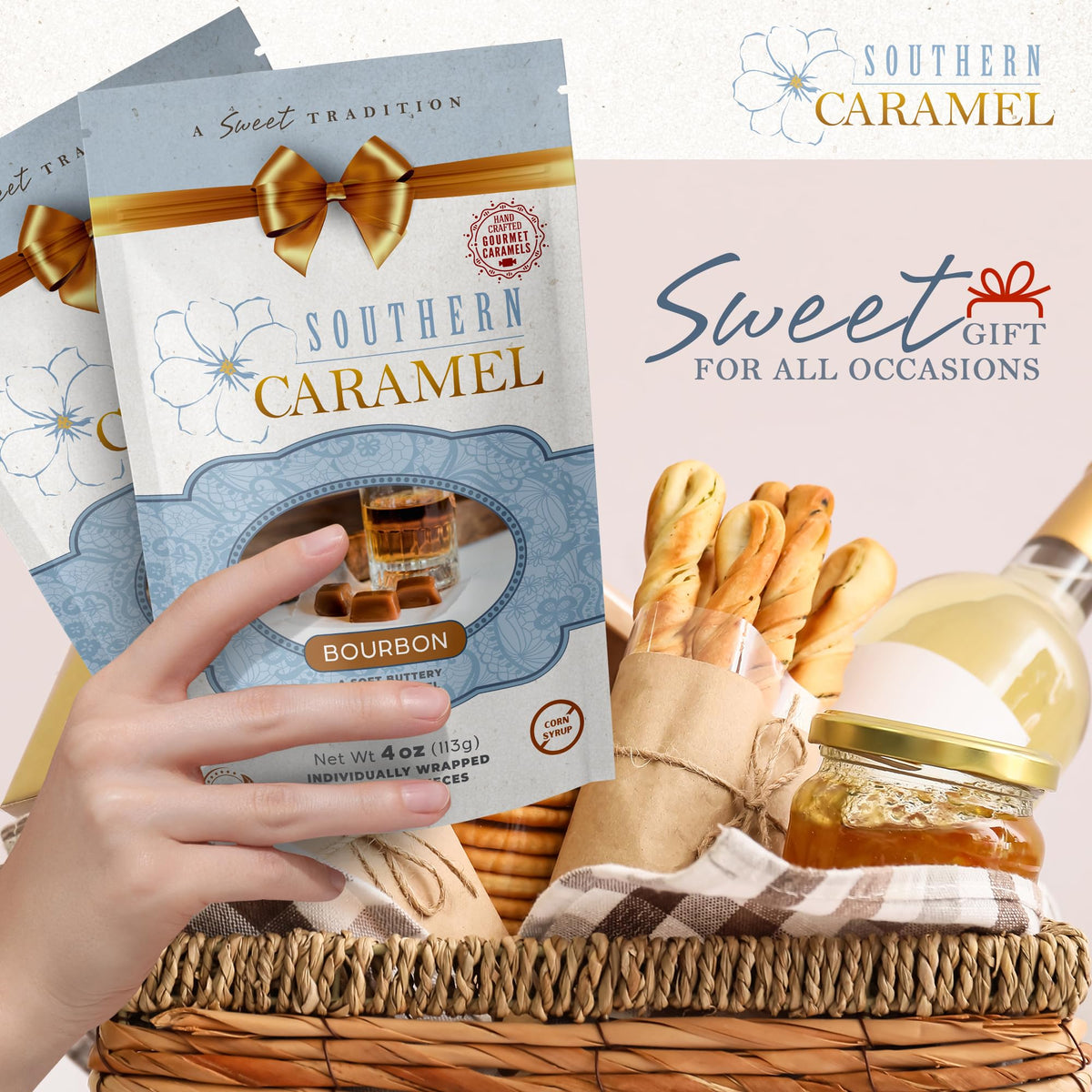 Southern Caramel Bourbon Caramels, Soft Buttery Gourmet Caramel Candy Infused with Smooth, Top-Shelf Bourbon, Handcrafted, Small Batch, Gluten Free