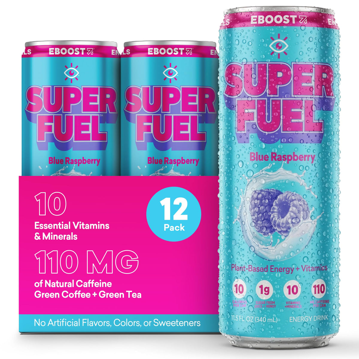 EBOOST SUPER FUEL Healthy Energy Drink - Blue Raspberry: 12 Healthy Energy Drinks - Focus & Productivity - 110 mg Caffeine + Nootropics
