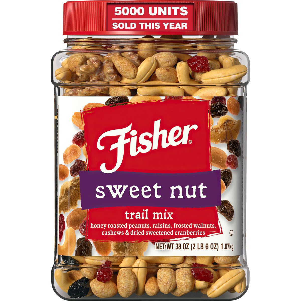 Fisher Snack Sweet Nut Bulk Trail Mix, 38 oz (Pack of 1), Honey Roasted Peanuts, Raisins, Frosted Walnuts, Cashews, Dried Sweetened Cranberries