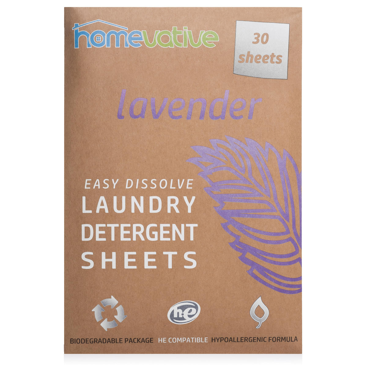 Homevative Laundry Detergent Sheets, 30 Sheets, Up to 60 Loads, Easy Dissolve, Lavender, Eco package, HE Compatible, Septic friendly, Great