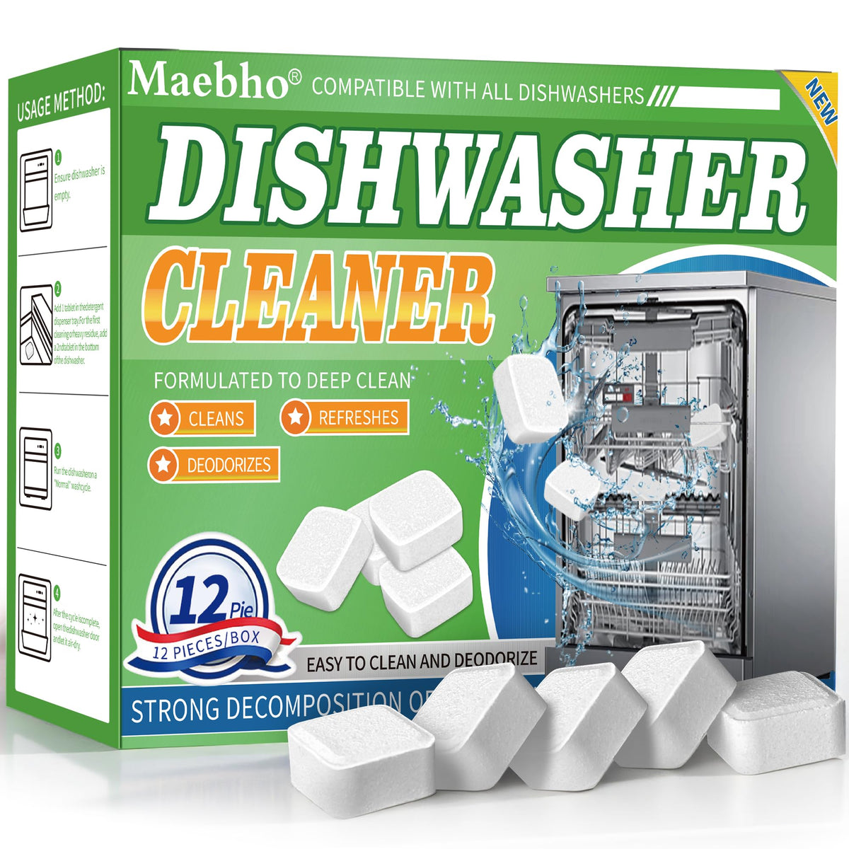 Dishwasher Cleaner and Deodorizer Tablets-12 Pack, Heavy Duty Deep Cleaning Descaler Pods for Dish Washer Machine, Removes Limescale, Odor, Grease