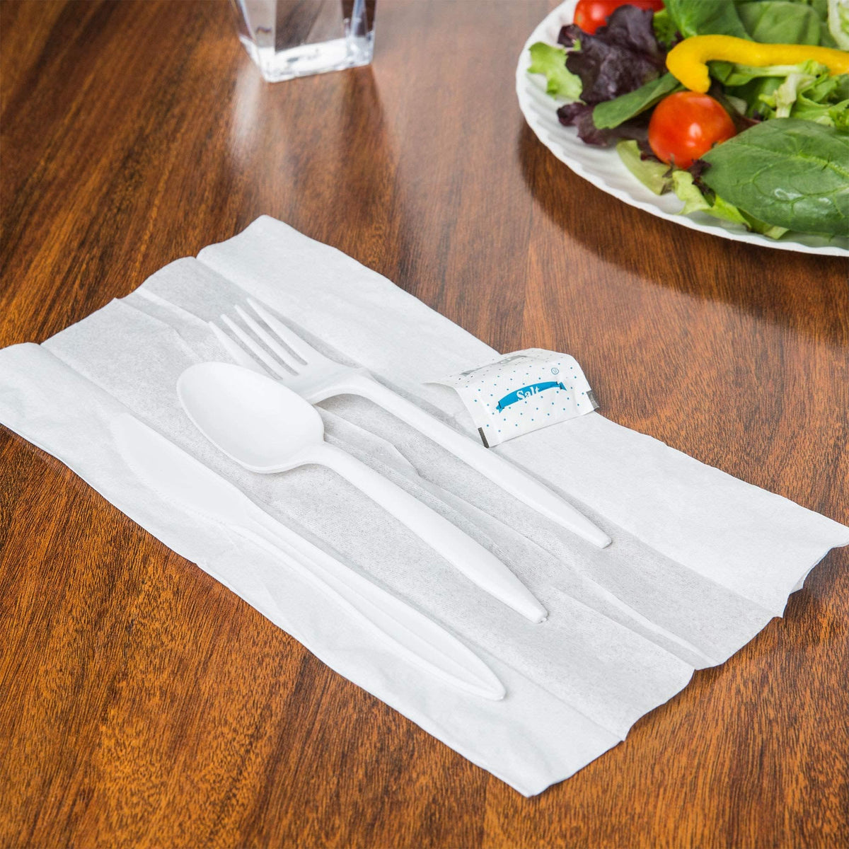 250 Plastic Cutlery Packets - Knife Fork Spoon Napkin Salt Pepper Sets | White Silverware Individually Wrapped, Bulk Disposable To Go Utensil Kits