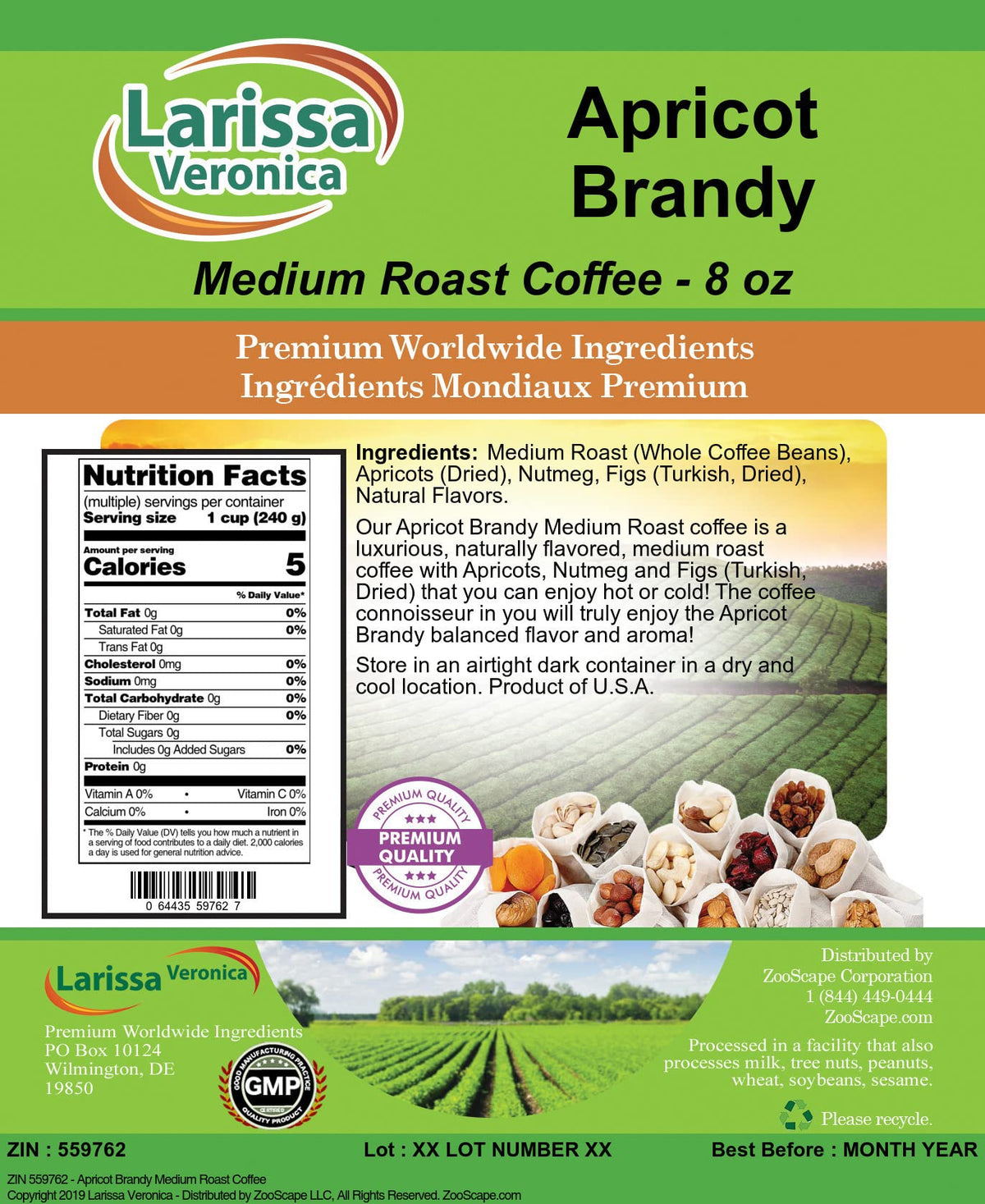 Apricot Brandy Medium Roast Coffee (Gourmet, Naturally Flavored, Whole Coffee Beans) (8 oz, ZIN: 559762)