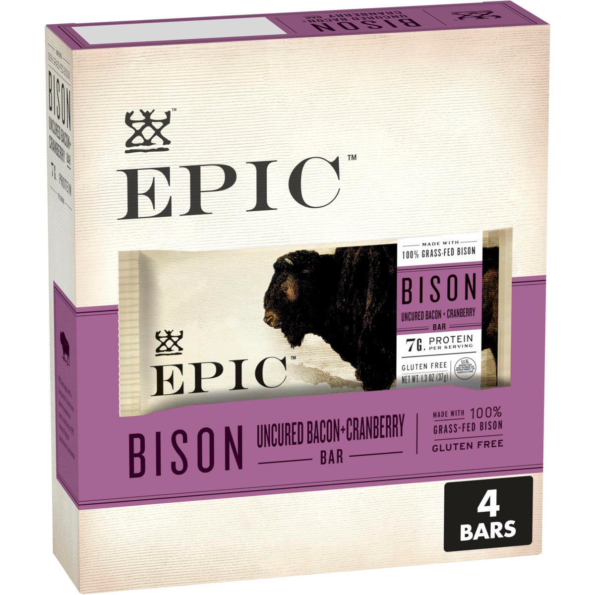 EPIC Bison Bacon Cranberry Bars, Paleo Friendly, Gluten Free, 4 ct, 1.3 oz Bars