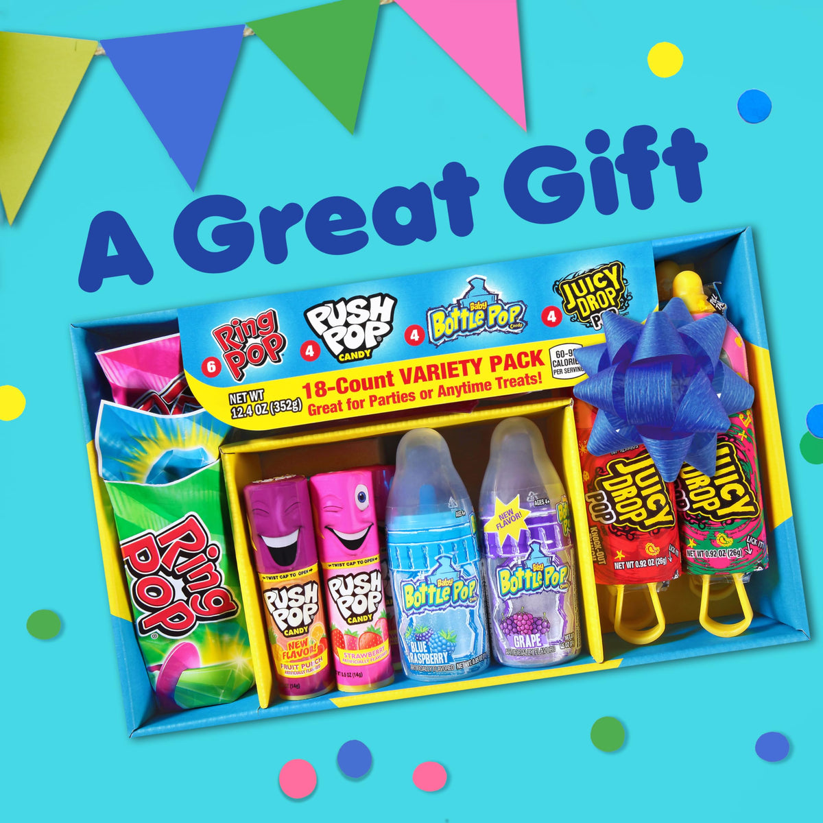 Candy Variety Pack, 18 Count Assorted Lollipops, Bulk Individually Wrapped Ring Pop, Push Pop, Baby Bottle Pop & Juicy Drop, Ideal for Birthdays