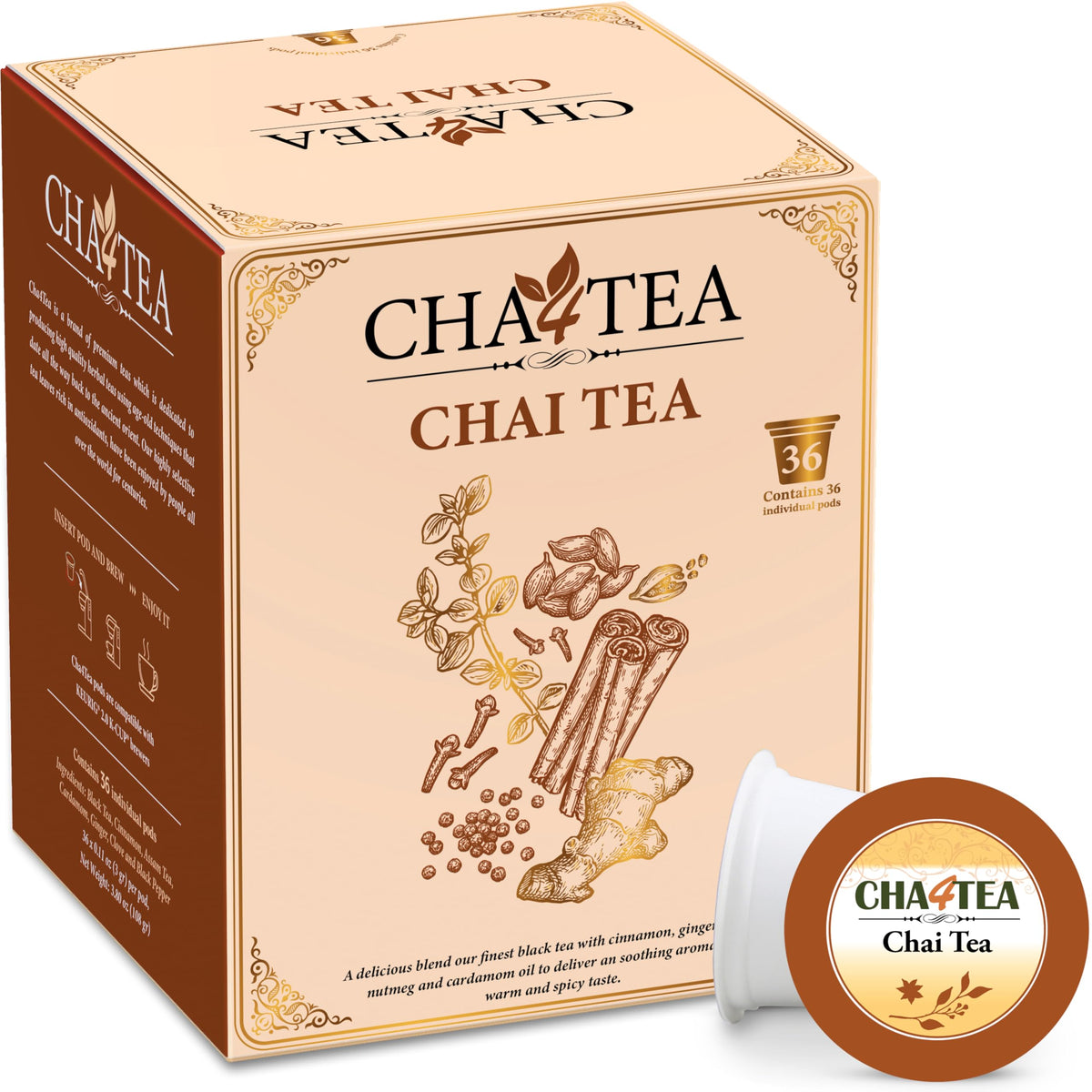 Cha4TEA 36-Count Chai Black Tea Pods Compatible with Keurig K-Cup Brewers