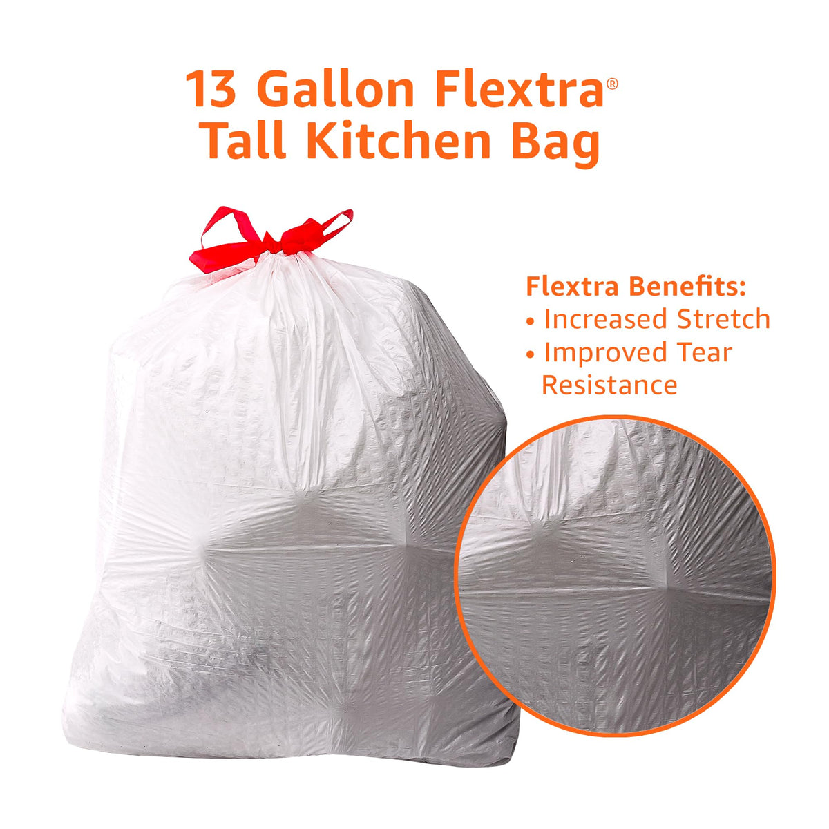 Amazon Basics Flextra Tall Kitchen Drawstring Trash Bags, 13 Gallon, 120 Count