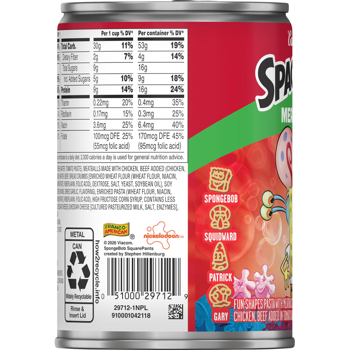 Campbell's SpaghettiOs SpongeBob Canned Pasta With Meatballs, 15.6 oz Can