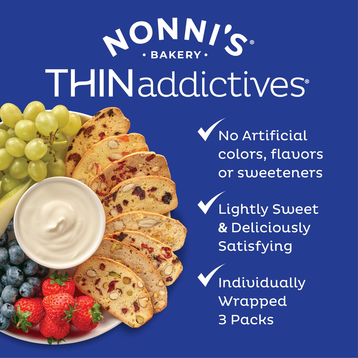 Nonni's THINaddictives Almond Thin Cookies - 3 Boxes Lemon Blueberry Cookie Thins - Almond Cookies - Sweet Crunchy & Chewy - Biscotti Individually