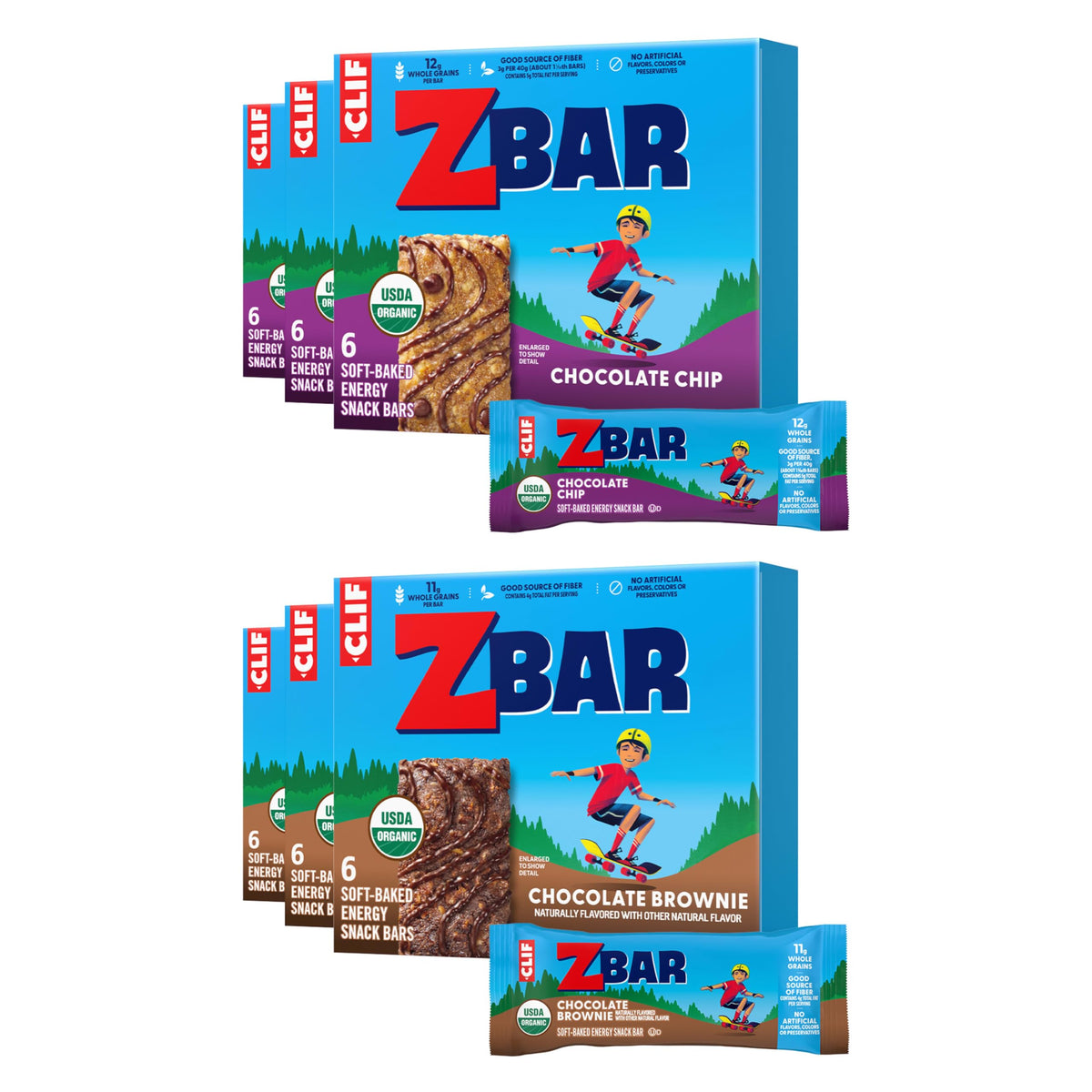 Zbar - Chocolate Chip and Chocolate Brownie - Variety Pack - Soft Baked Snack Bars - Non-GMO - 10-11g Whole Grains - USDA Organic Granola Bars (36
