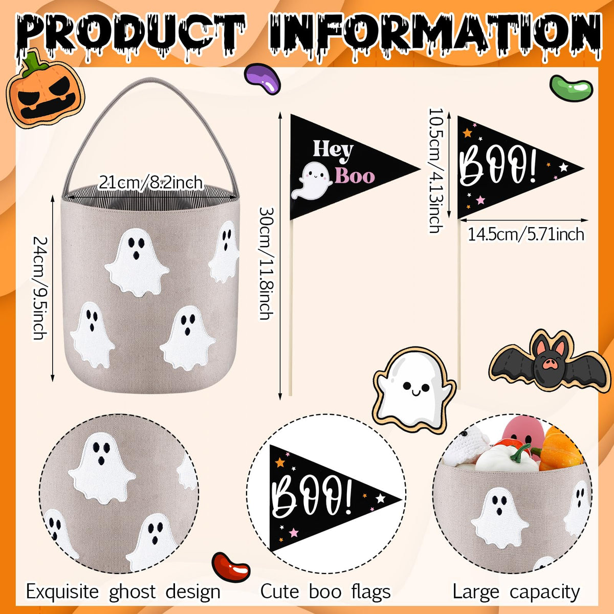 Locmeo 2 Pcs Halloween Boo Basket Halloween Trick or Treat Bag Cute Goodie Candy Basket with 2 Boo Pennant Flags Candy Gift Buckets for Party