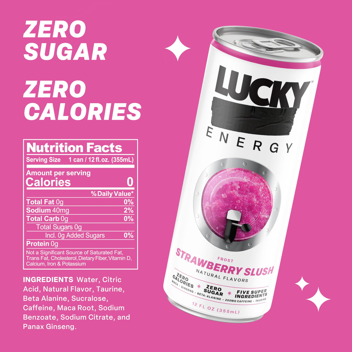 Lucky Energy Drink Strawberry Slush, Zero Calories, 200mg Caffeine, 12 Pack