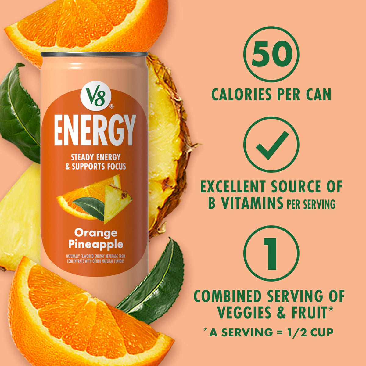 V8 Energy Orange Pineapple Energy Drink, 8 fl oz Can (6 Pack)