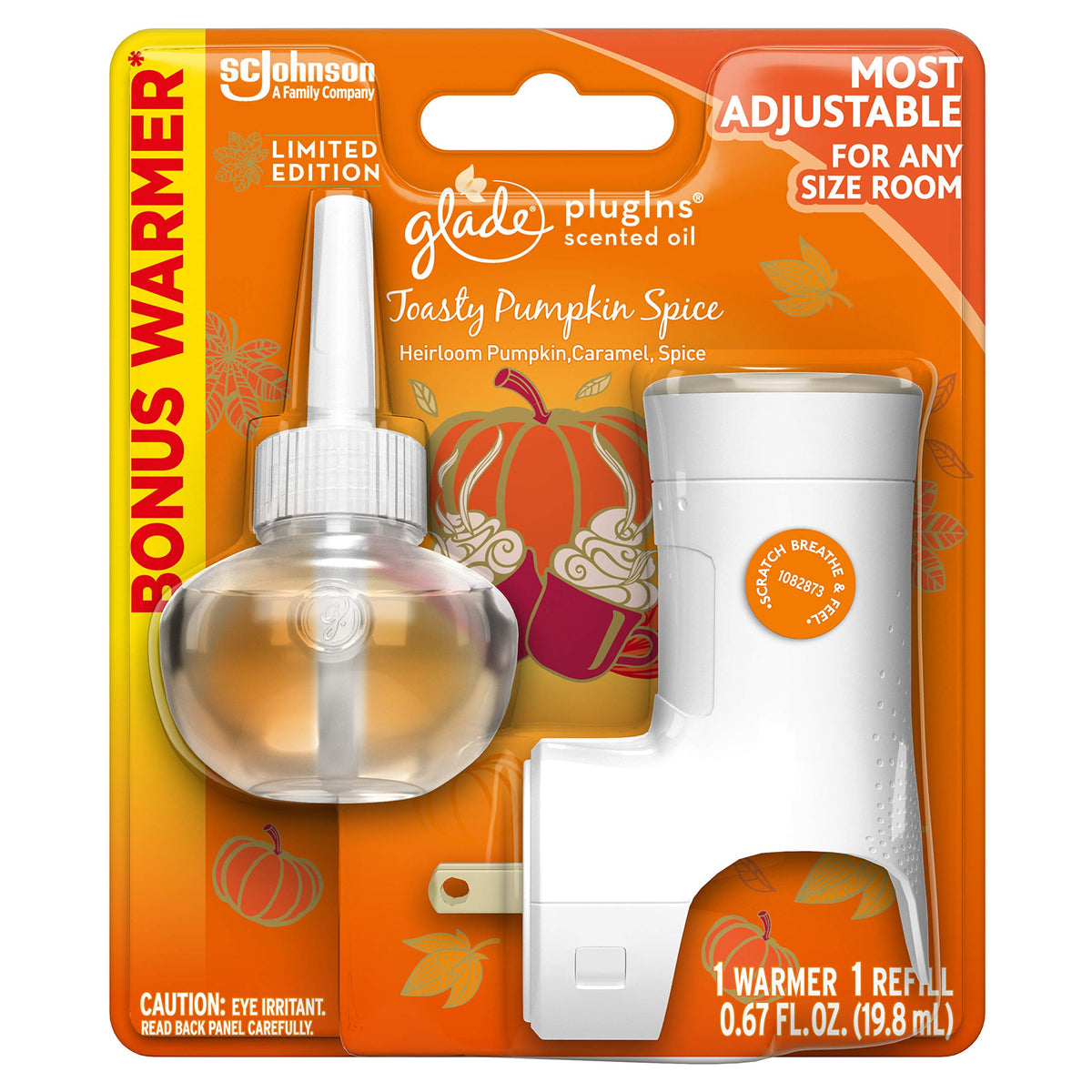 Glade PlugIns Refills Air Freshener Starter Kit, Scented Oil for Home and Bathroom, Toasty Pumpkin Spice, 0.67 Fl Oz, 1 Warmer + 1 Refill