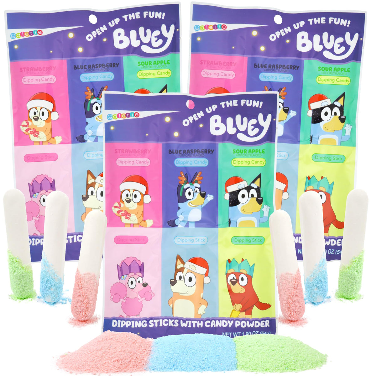 Bluey Dipping Sticks and Powder Candy Pouches, Party Treats, 1.90 Ounces (Pack of 3)