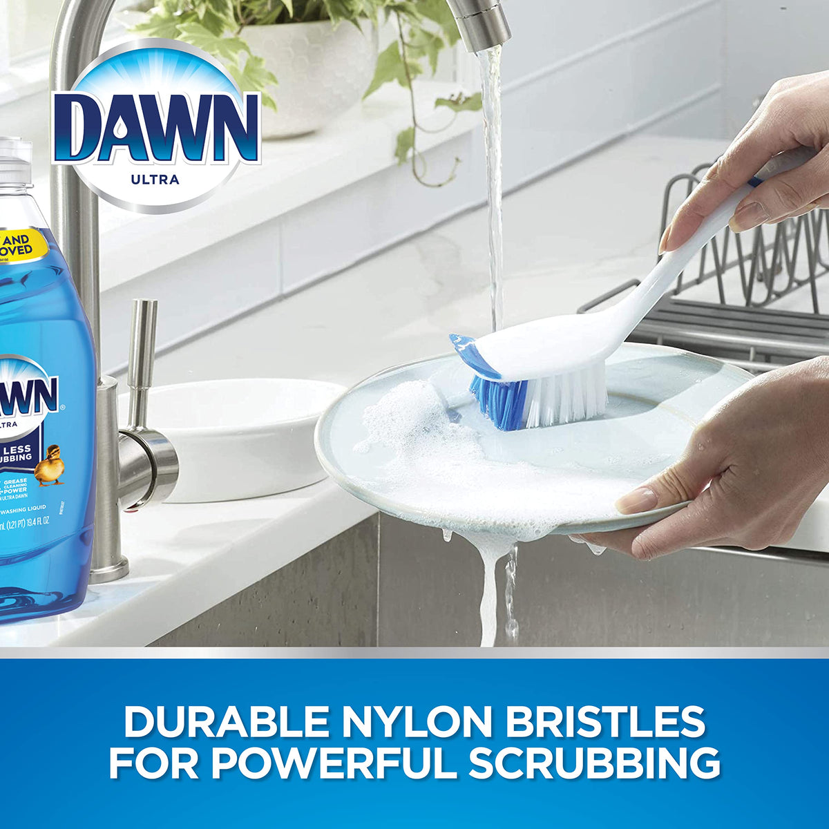 Dawn Dish Brush with Soft Nylon Bristles and Scraper, Blue/White