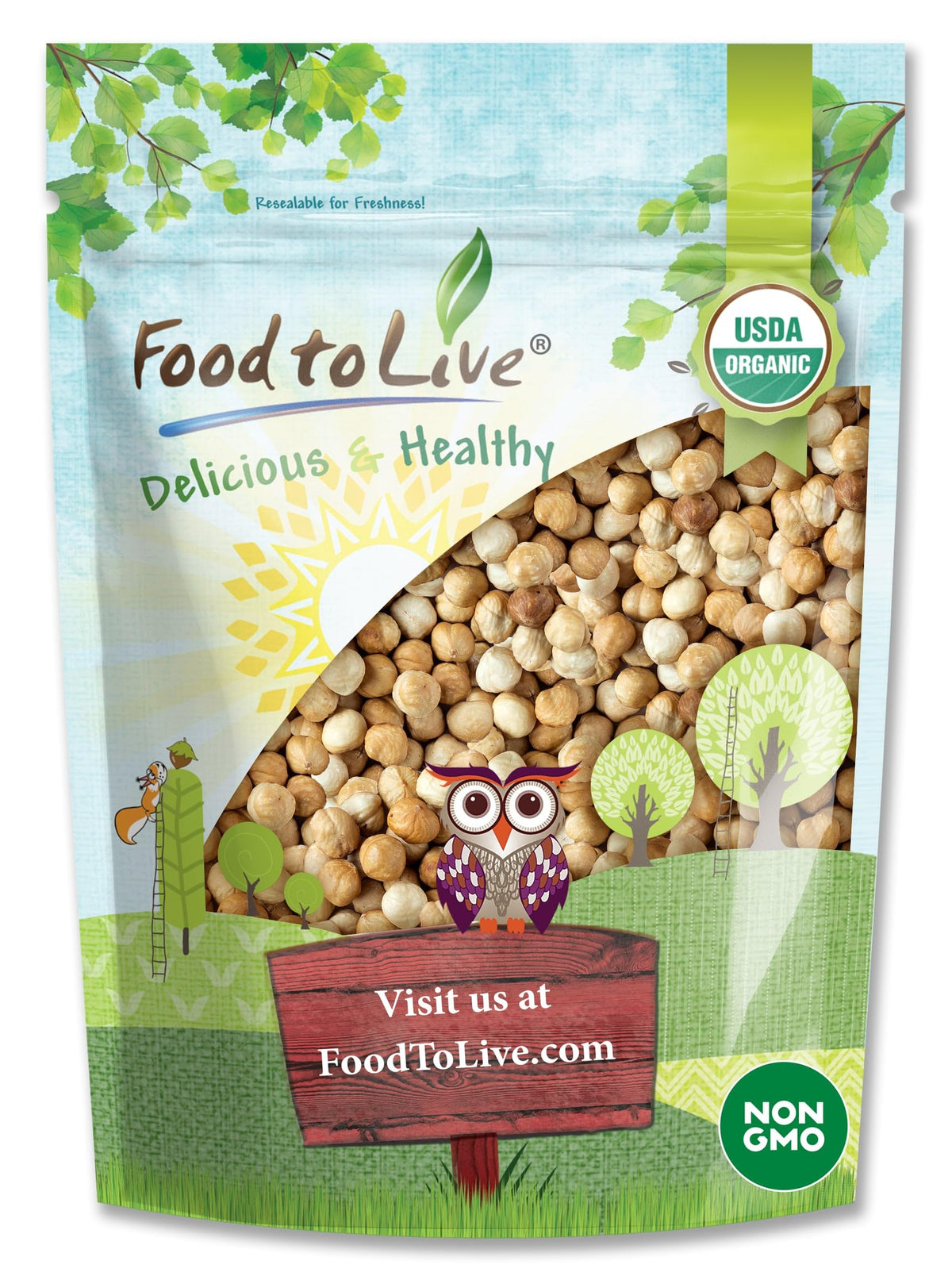 Food to Live Organic Blanched Roasted Hazelnuts, 1 Pound - Non-GMO, Dry Roasted Filberts, No Skin, Whole Nuts, Unsalted, Kosher, Vegan, Bulk. Keto