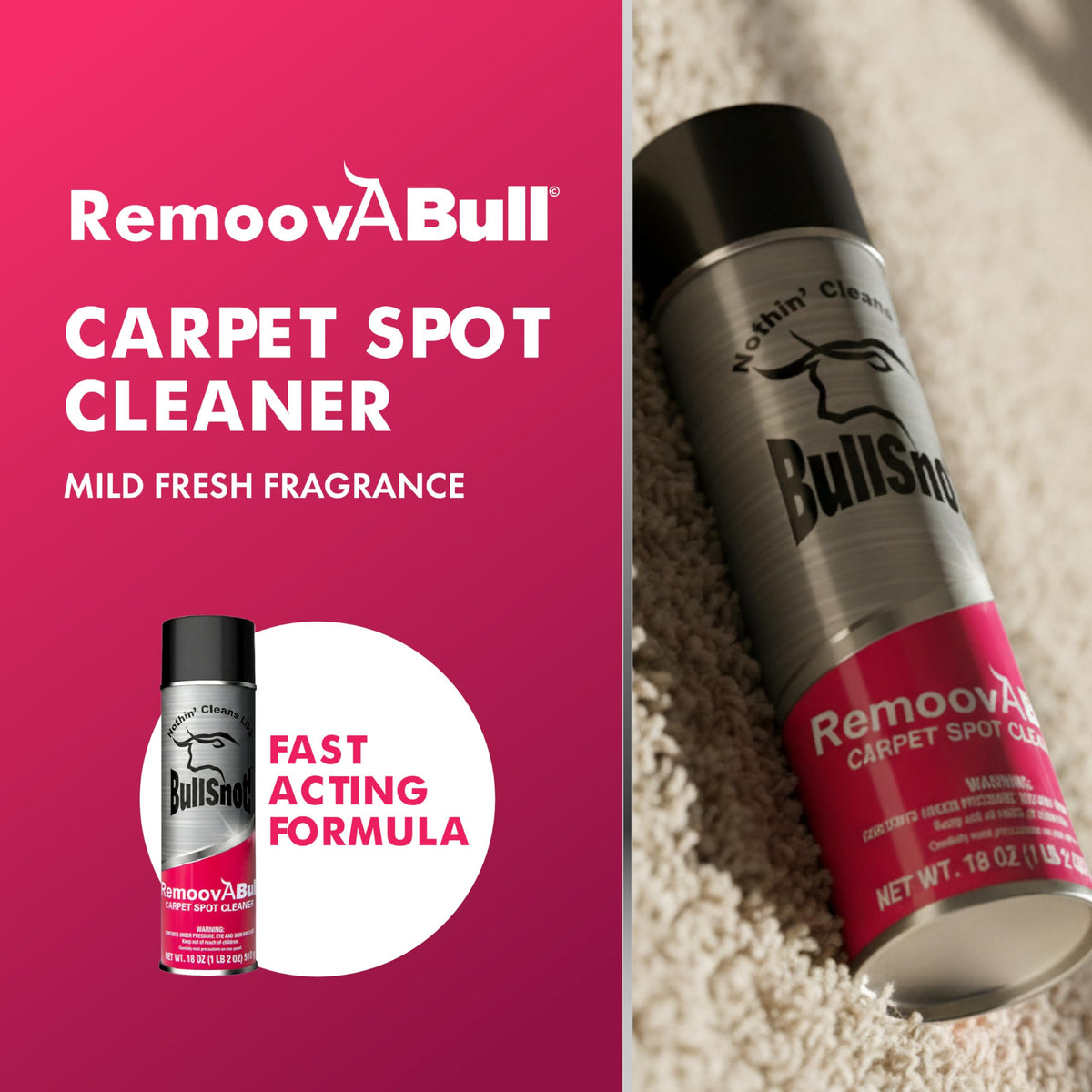 RemoovABull Carpet & Upholstery Stain Remover - Fast Acting, Powerful Cleaner for Oil, Grease, Dirt, Coffee, Urine & More - Ideal for Car Interiors