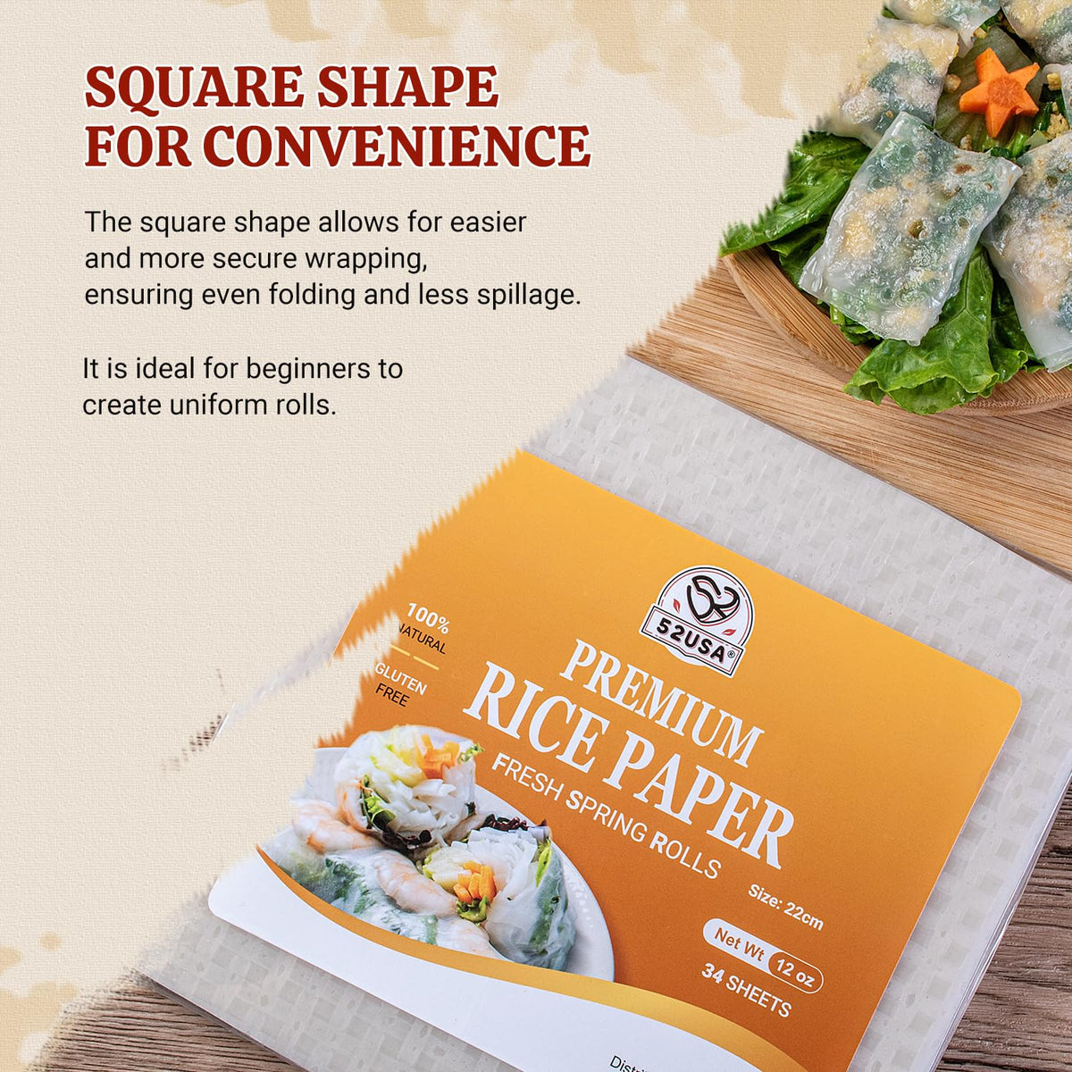 52USA Square Rice Paper Wrappers, 1 Pack, Spring Roll Wrappers & Dumplings