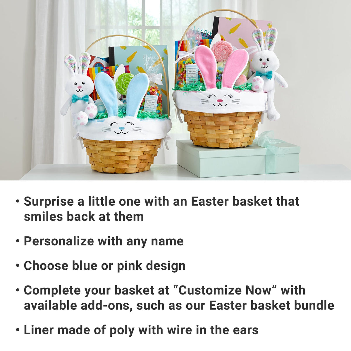 Let's Make Memories Personalized Easter Basket - Wicker - Embroidered Liner - Happy Bunny - Blue