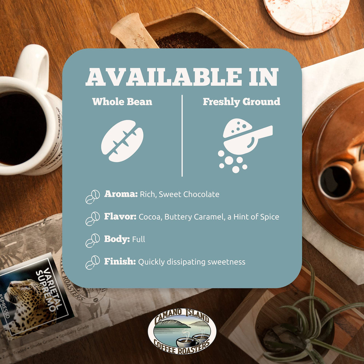 Camano Island Coffee Roasters Varietal Supremo Espresso Blend, Whole Bean 2lb, Fresh Dark Roast, USDA Organic, Fairly Traded, Shade Grown Arabica