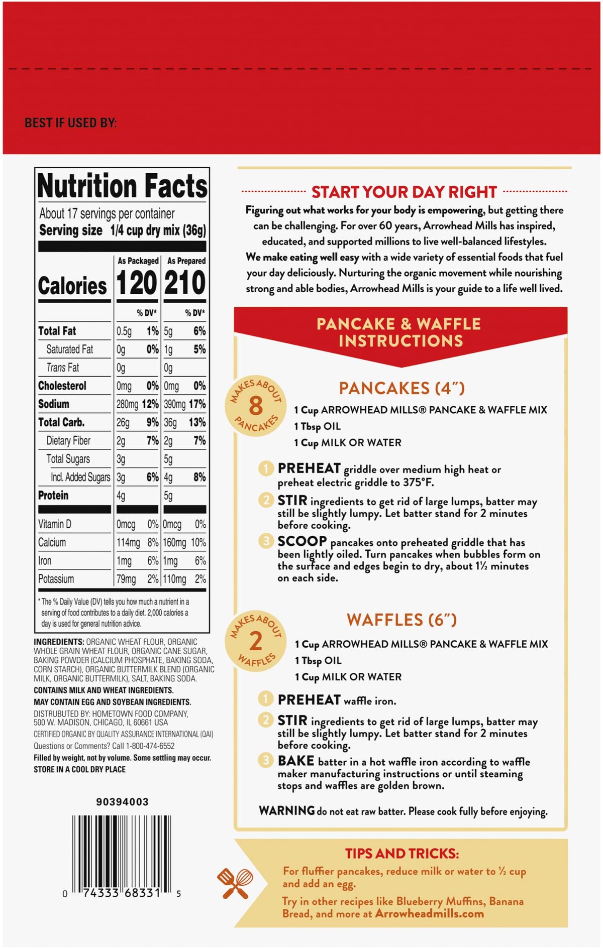 Arrowhead Mills Buttermilk Pancake & Waffle Mix, 22 oz Bag