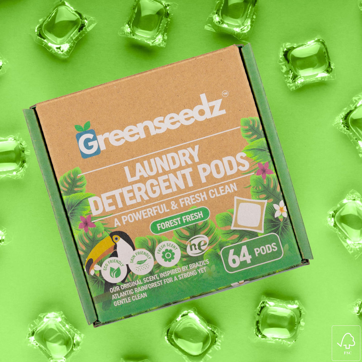 Laundry Detergent Pods, 64 Count, Fresh Scent, Eco Friendly, Biodegradable, HE Compatible, Powerful Stain & Odor Removal, Skin Friendly