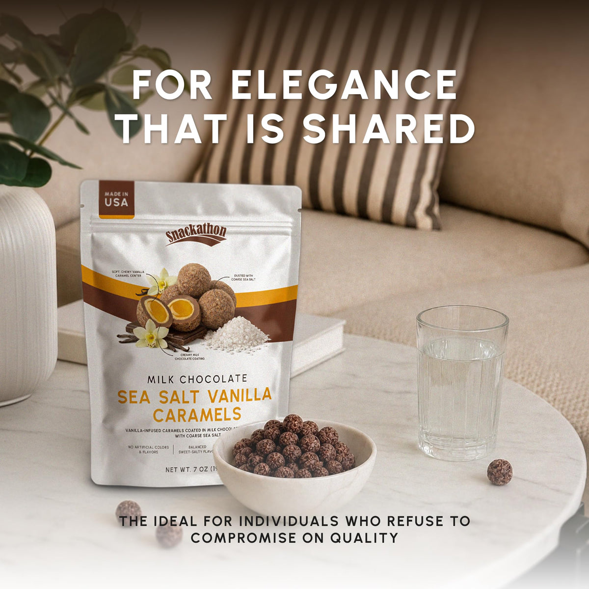 Snackathon Milk Chocolate Sea Salt Vanilla Caramels, 15 oz, Vanilla Infused Chocolate Covered Caramels Made in Small Batch, Sweet & Salty Snacks in