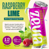 Zevia Zero Sugar Energy Drink, Raspberry Lime, 12 oz Cans (12-Pack) - Naturally Sweetened, Zero Calorie Sugar Free Energy - Non-GMO Project Verified