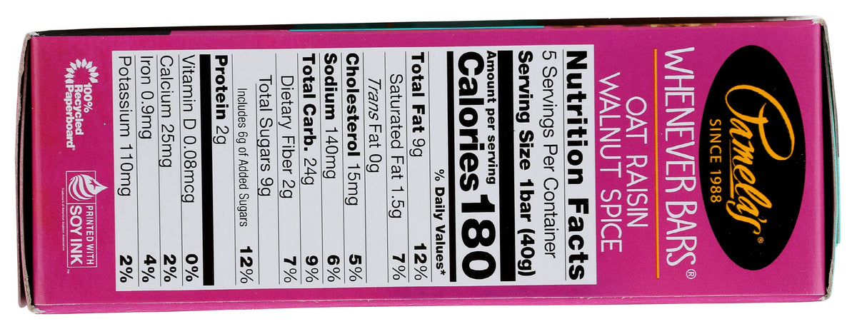 Pamela's Whenever Bars, Oat Raisin Walnut Spice, 5 ct