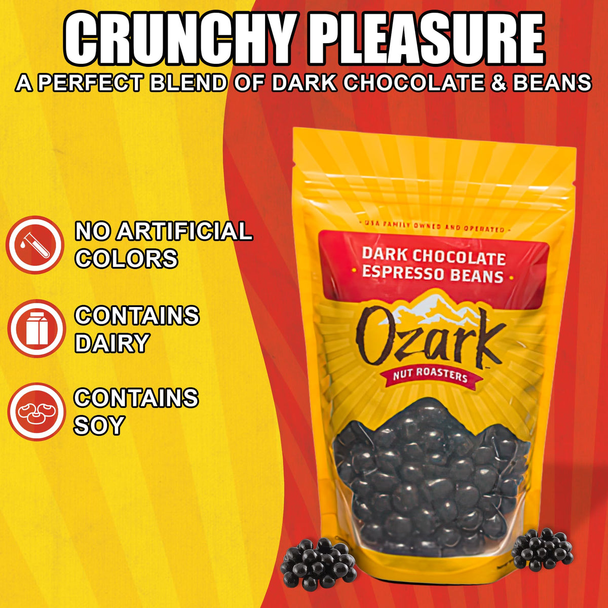 OZARK NUT ROASTERS, Dark Chocolate Espresso Beans, Coffee-Flavored Snacks, World-Class Gourmet Dark Chocolate Coffee Beans, 14 oz, Pack of 1