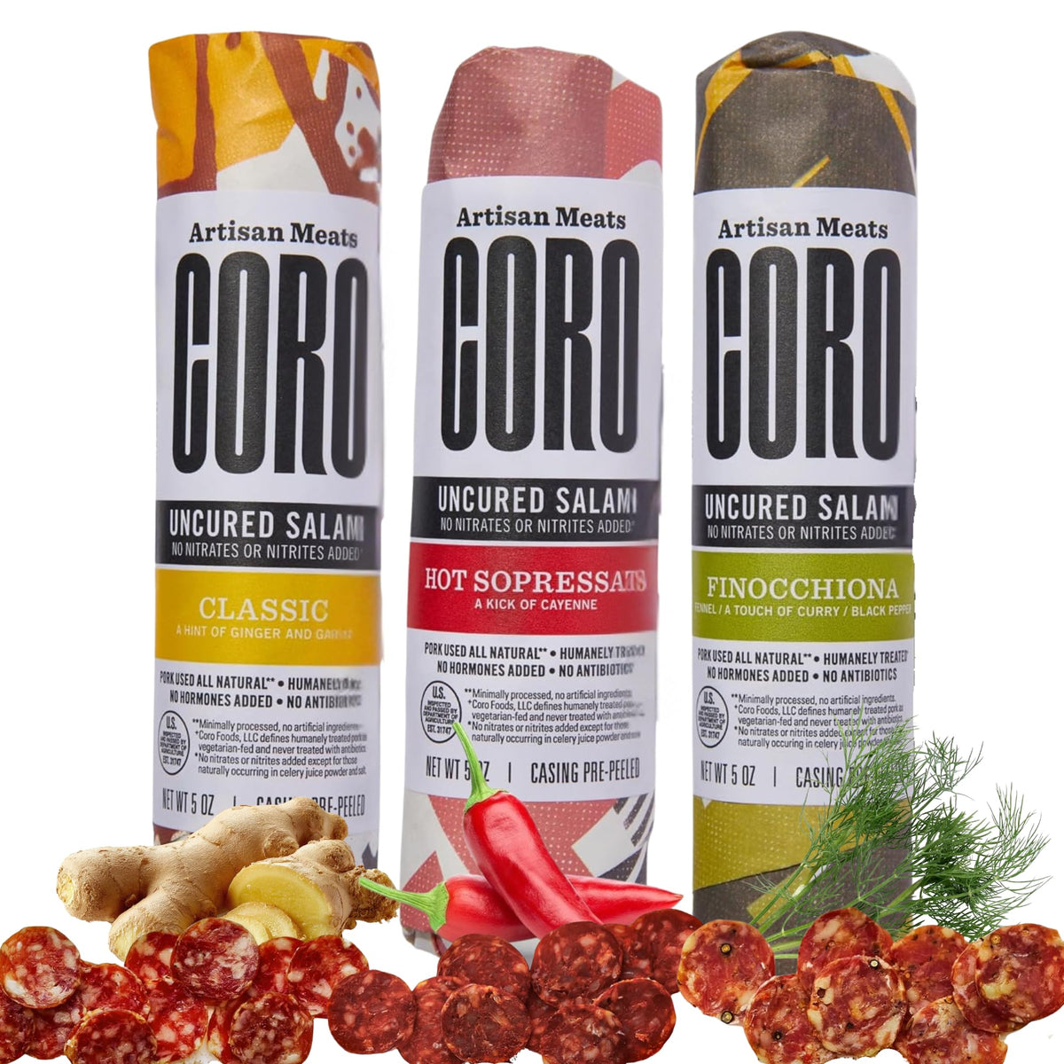 Coro Uncured Classic, Finocchiona & Hot Sopressata Salami Sticks (3 Pack)