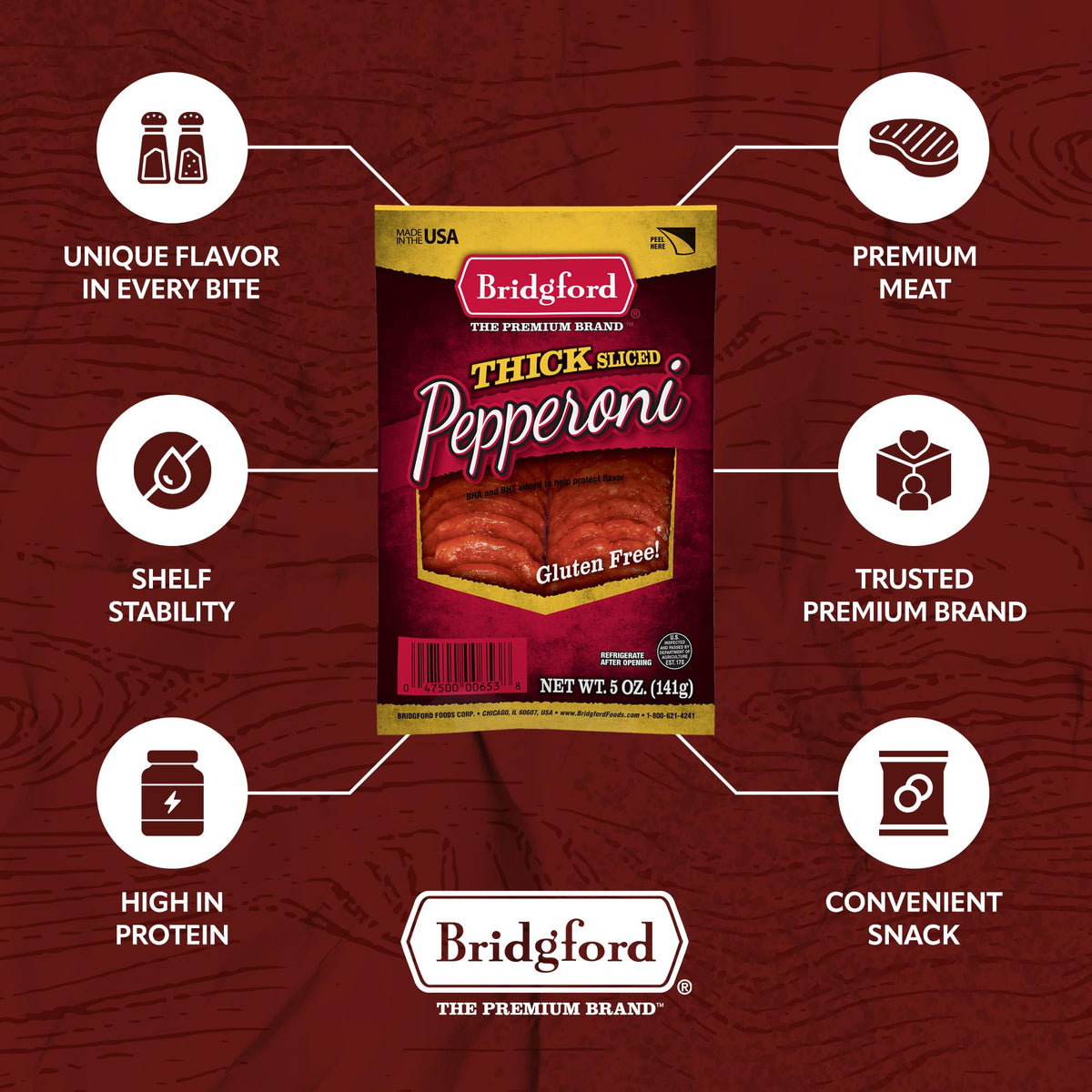 Bridgford Thick Sliced Pepperoni 5 oz Pack of 4 - Thick Pepperoni Slices for Pizza and Sandwiches - Zero-Carb Thick Sliced Pepperoni for Keto Diets