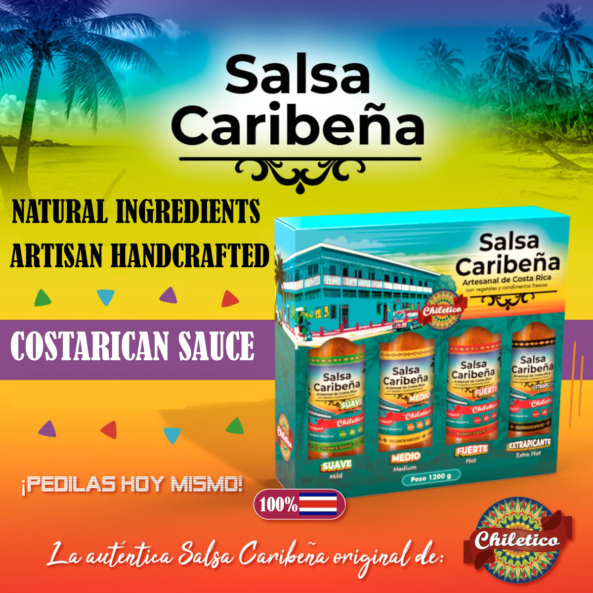 Chiletico Caribbean Medium Hot Sauce - 3-Pack of Authentic Costa Rican Salsa Picante - Balanced Heat with Fresh Vegetables and Spices - 4.9 oz Each