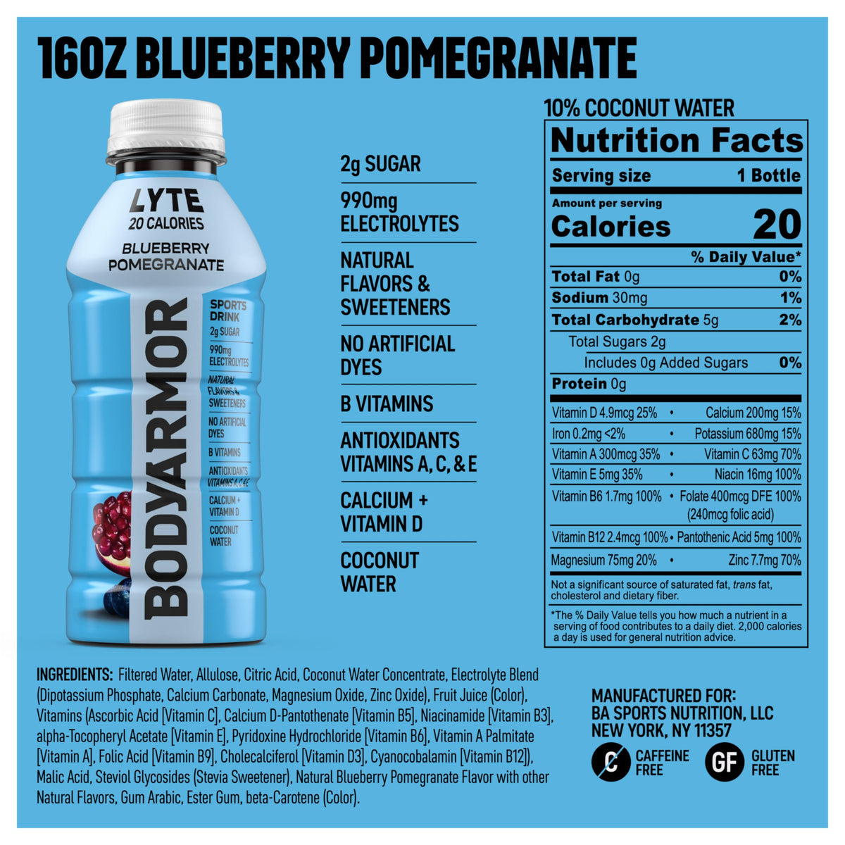 BODYARMOR Lyte Sports Drink Low-Calorie Sports Beverage, Blueberry Pomegranate, Coconut Water Hydration, Natural Flavors with Vitamins