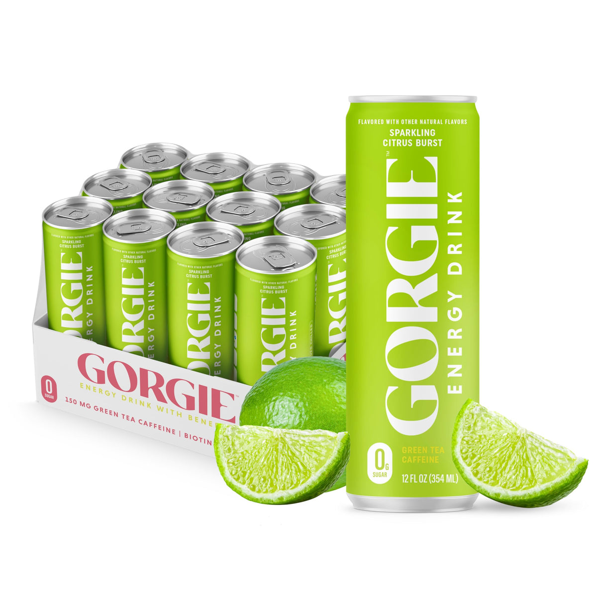 GORGIE Citrus Burst Sugar Free Energy Drink, Green Tea, Lime, 12 Pack