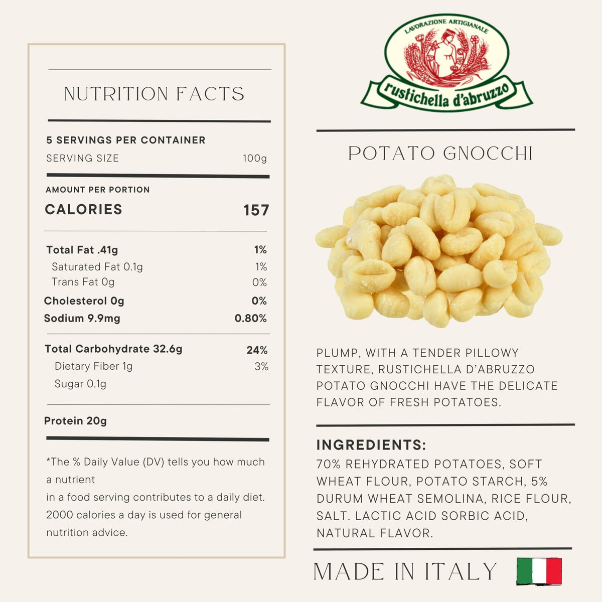 Rustichella d'Abruzzo Potato Gnocchi - 500g Traditional Italian Dumplings - Soft, Pillowy Texture - Cooks in Just 2 Minutes - Perfect for Hearty