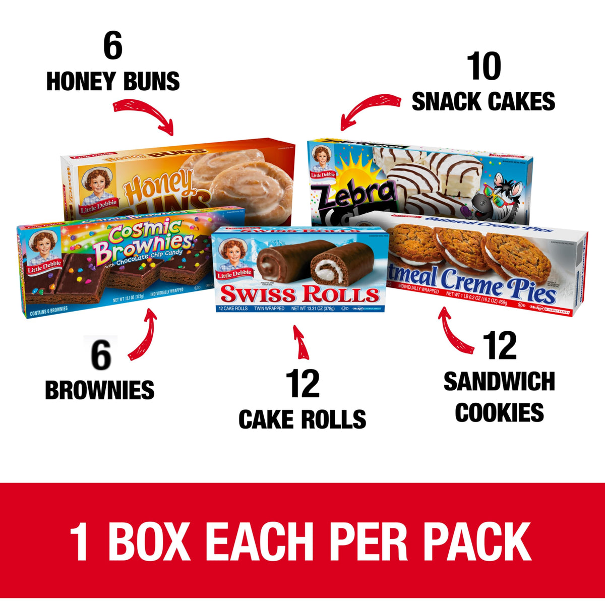 Little Debbie Variety Pack, Zebra Cakes, Cosmic Brownies, Honey Buns, Oatmeal Creme Pies, and Swiss Rolls (1 Box Each), 48 Piece Assortment