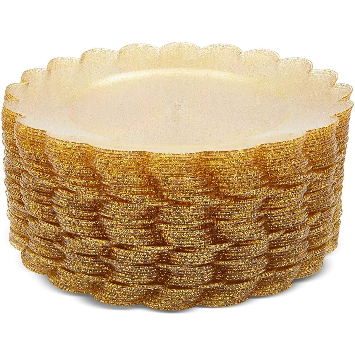 BLUE PANDA 50-Pack Gold Plastic Plates - Gold Glitter Plates with Scalloped Edges, Disposable for Birthdays, Weddings, Bridal Shower, 9 inches