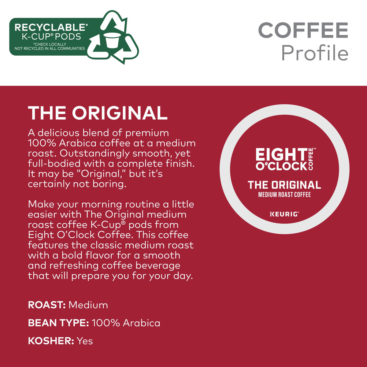 Eight O Clock, The Original, Single-Serve Keurig K-Cup Pods, Medium Roast Coffee, 192 Count (8 Boxes of 24 Pods)