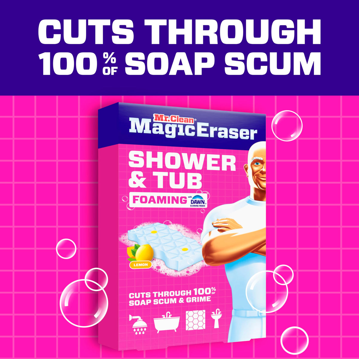 Mr. Clean Magic Eraser Sponge, Bathroom, Shower, Tub Cleaner, Soap Scum Remover, Bathroom Cleaning Supplies, Dawn Cleaning Power with Lemon Scent