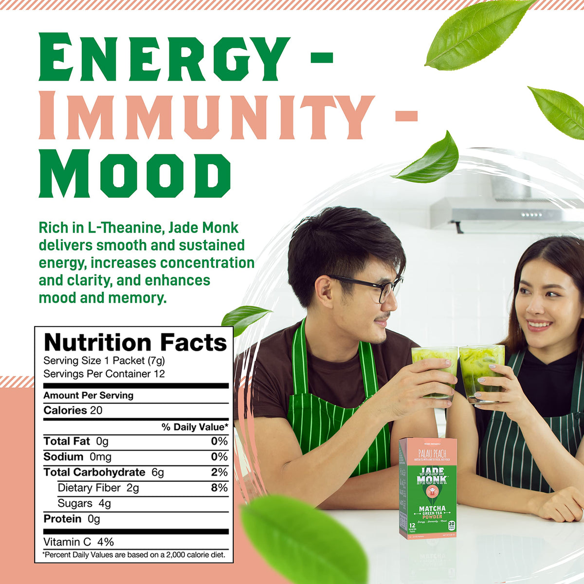 Jade Monk On-The-Go Matcha Green Tea Powder - Enjoy Anytime, Anywhere - All Natural energy, Mixes Instantly - Perfect For A Busy Lifestyle - Palau