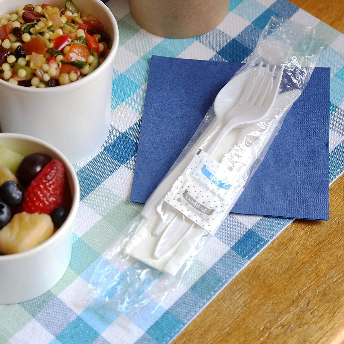 450 White Plastic Cutlery Packets - Knife Fork Spoon Napkin Salt Pepper Sets, Individually Wrapped Disposable Silverware