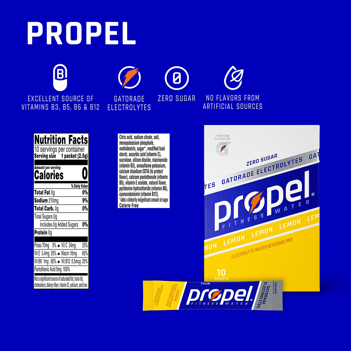 Propel Powder Packets Lemon With Electrolytes, Vitamins and No Sugar, 0.08 Oz (Pack of 10)