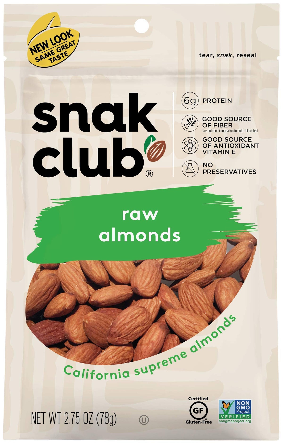 Snak Club All Natural Raw Almonds, 2.75 Ounce (Pack of 6)