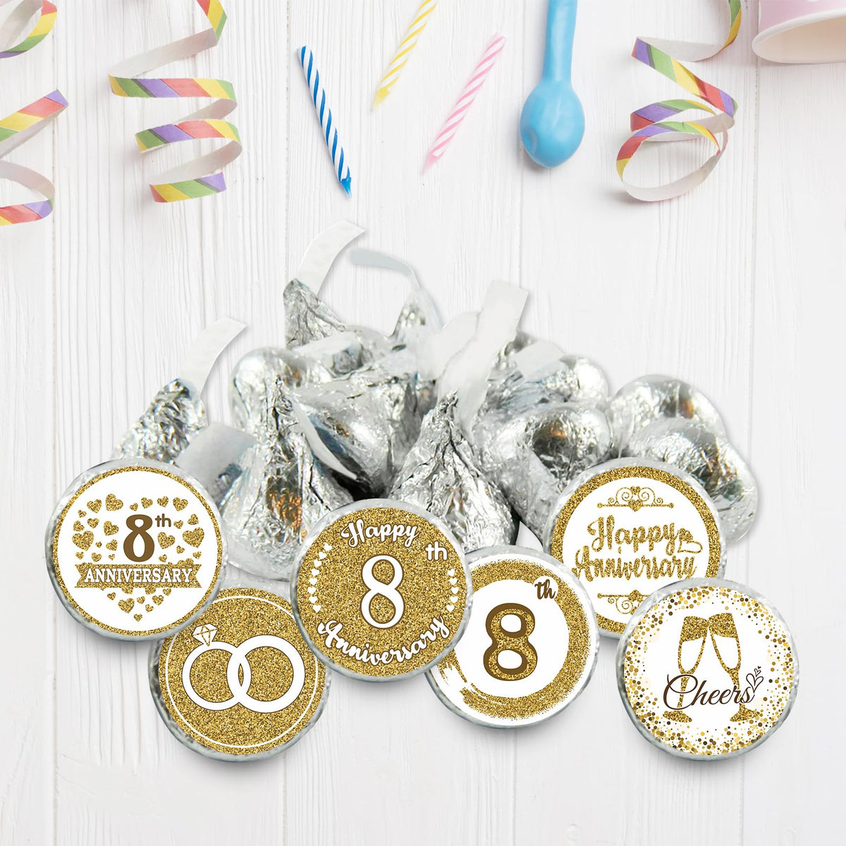 Gold 8th Anniversary Chocolate Kiss Stickers,180 Count, 0.75" Chocolate Drop Labels for Kisses, 8th Wedding Anniversary Party Favors Labels