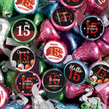 Happy 15th Birthday Party Favor Labels Chocolate Candy Stickers - Fifteen Years Old Birthday Round Candy Sticker Party Favors - Black and Red - 150